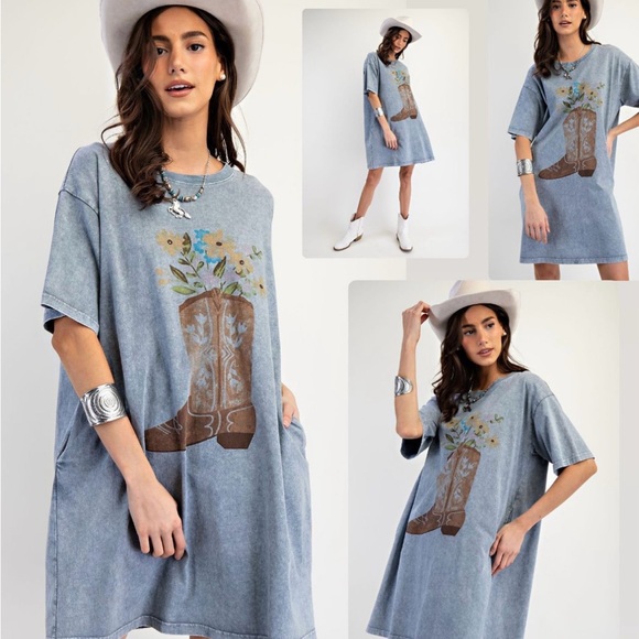 easel Dresses & Skirts - Easel Blue Cowboy Boot Acid Wash Graphic T-Shirt Dress